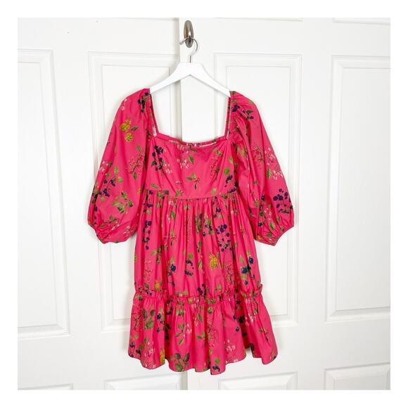 Cara Cara Sip Sip Botanical Floral Print Puff Sleeve Babydoll Cotton Dress Sz XS - Picture 2 of 9